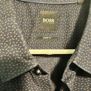 Boss Men's Sharp Fit Navy and Brown Patterned Shirt